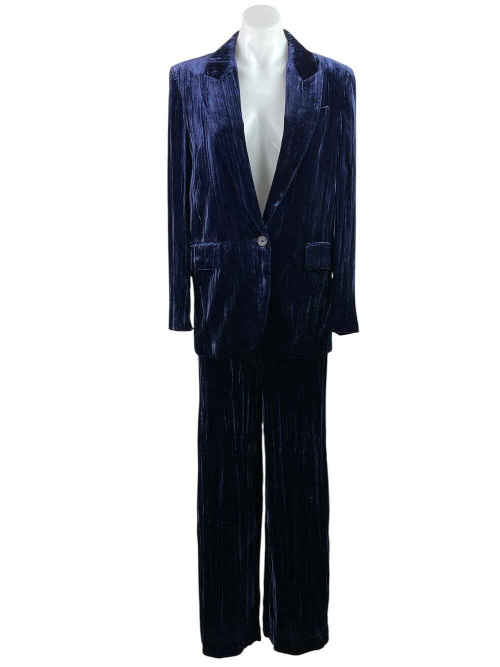 Zara Women's Blue Velvet Velour Blazer Suit & Wide Leg Trouser Pant Sets Size XS - Picture 1 of 5
